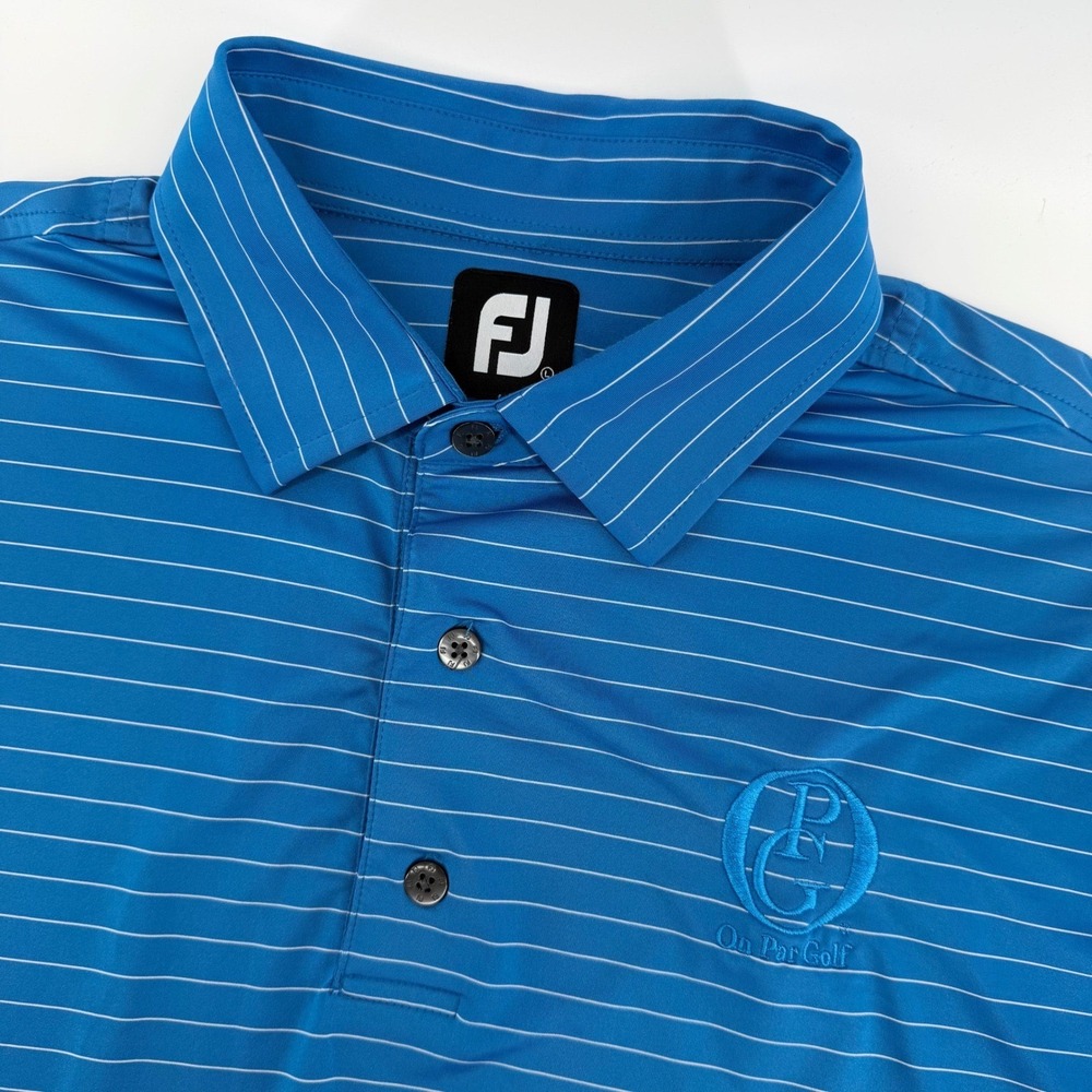 FootJoy Polo Shirt Men Large Blue Pinstripe On Par Golf Embroidered Logo Stretch
